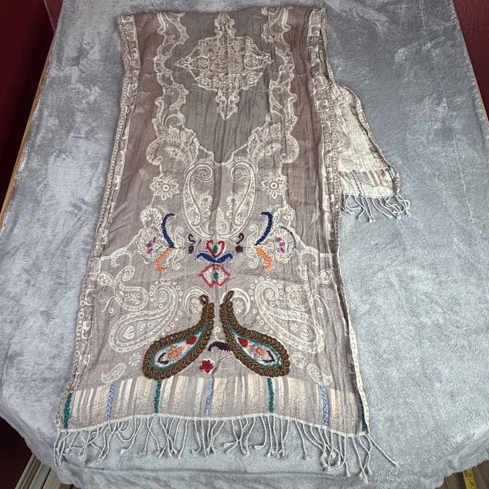 Pashmina Shawl Wrap Womens‎ Gray Paisley Embroidered Tassel Fringe Boho India